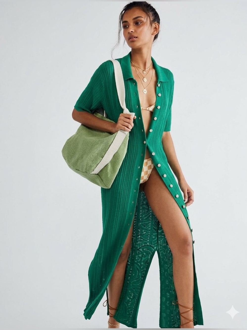 Free People Beach 🌊 Riding Waves Sweater Midi Dress 🌅 Green Emerald Wave Size XS - Picture 1 of 9